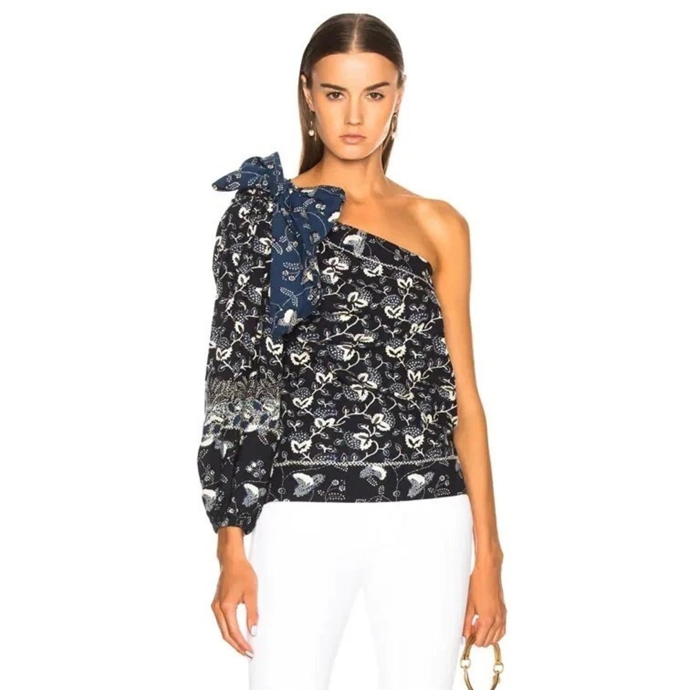 Ulla Johnson Asima One Shoulder Blue Floral Bow Blouse Size 0